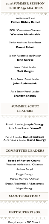 ￼
￼
￼
￼
Institutional Head 
Father Bishoy Kamel

BOR / Committee Chairman 
Wasseim Abdelmalek

Senior Assistant ScoutMaster
Ernest Raheb

Junior Assistant ScoutMaster 
John Gerges 
Senior Patrol Leader 
Matt Gerges

Ass’t Senior Patrol Leader 
John Abdelmalek

Ass’t Senior Patrol Leader 
Brandon Shoudy

￼
￼
￼
￼

Patrol 1 Leader Joseph Gourgy
Ass’t Patrol Leader Youseff
-
Patrol 2 Leader Daniel Endraws Ass’t Patrol 2 Leader David Gourgy

￼
￼
￼
￼
Board of Review Council
Wasseim Abdelmalek / Chairman
Andrew Soryal
Maggie Gourgy
Michael Morrow / Advisor
Ereeny Abdelmalek / Advancement
Maged Gourgy
￼
￼
￼
￼

￼
￼
￼
Kerry Lampert / OC Council